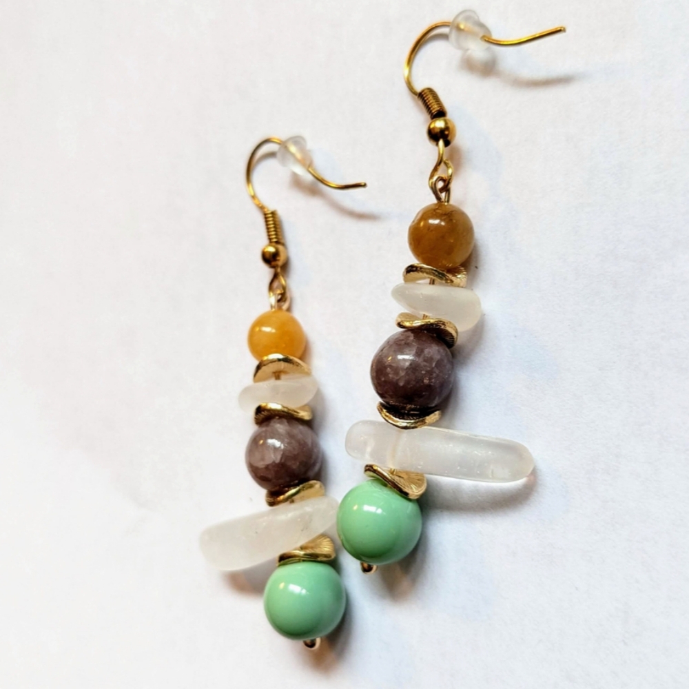 Mint Jade, Crystal Quartz, Orange Quartz, and Amethyst Stone Earrings